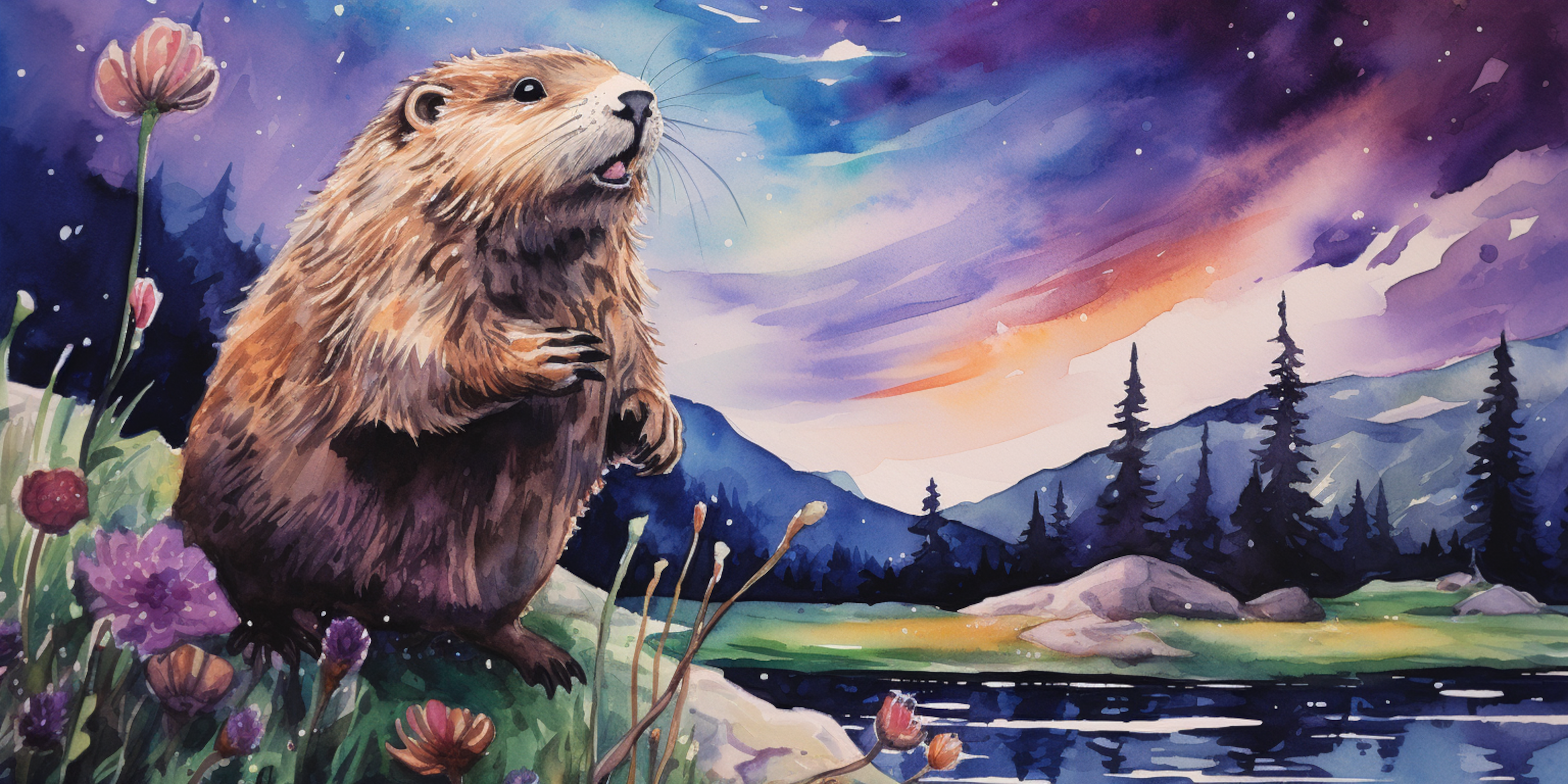Gopher standing out by the lake at night looking into a dreamy sky, inquisitive to the meaning of life.