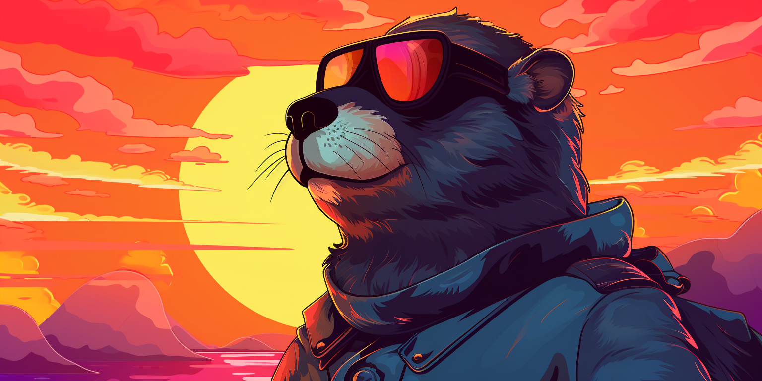 image of an adventurous gopher wearing sunglasses looking into the distance with a sunrise behind their back